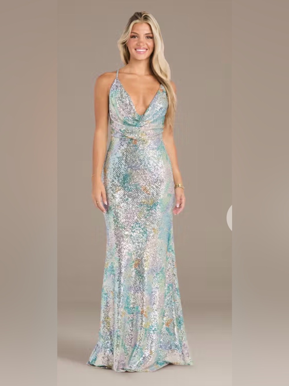 NWT Morgan & Co Sz 1 Sea Glass Sequin Cowl Dress Gown Pageant Prom Wedding Event